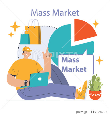 Mass market. Mass production economics. Targeted audience and market segmentation. Efficiency of production process, distribution, marketing and sales. Flat vector illustration 115178227