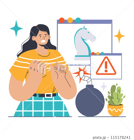 Trojan horse deception. Concerned user encounters hidden malware, symbolized by the mythic creature on screen. Covert cyber threat lurks. Flat vector illustration. 115178241