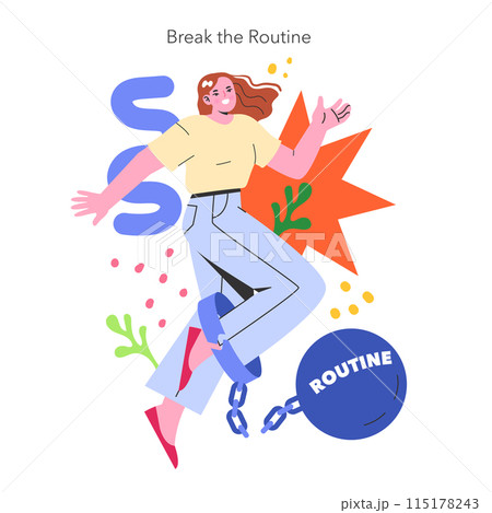 YOLO concept. Joyful person breaking free from the shackles of routine, embracing spontaneity and life's excitement. Liberation and carefree attitude. Vector illustration. 115178243