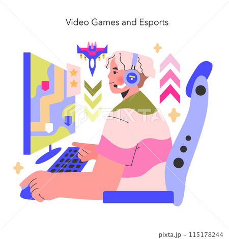 Video Games and Esports concept A focused gamer is deeply immersed in an electronic battle, showcasing the thrill of competitive gaming Esports culture visualized Vector illustration 115178244