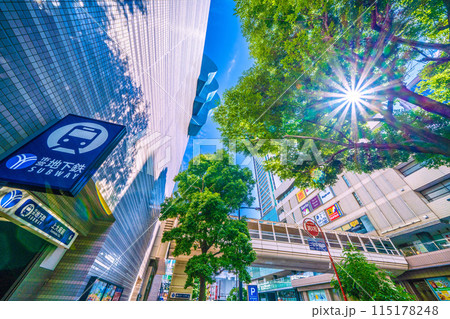 日本の横浜都市景観 6月。新緑に映える横浜市営地下鉄 上大岡駅前（出入口6）や光芒などを望む＝3日 115178248
