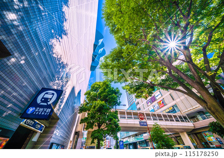 日本の横浜都市景観 6月。新緑に映える横浜市営地下鉄 上大岡駅前（出入口6）や光芒などを望む＝3日 115178250