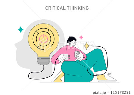 Critical Thinking concept. Illustration of a person with an idea bulb symbolizing thought process. Creative problem-solving skills representation. Vector illustration. 115178251