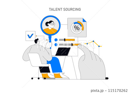 Recruiting concept. A professional analyzes data and candidates, focusing on talent sourcing strategies. Vector illustration. 115178262