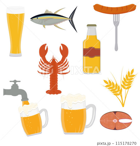 Beer glass, mug, bottle, snacks, wheat, fish, crayfish. Great for bar, pub, menu, oktoberfest. cartoon style 115178270