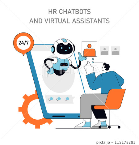 HR Chatbots and Virtual Assistants concept Around-the-clock robotic helpdesk providing HR services Integrating AI for employee support Vector illustration 115178283