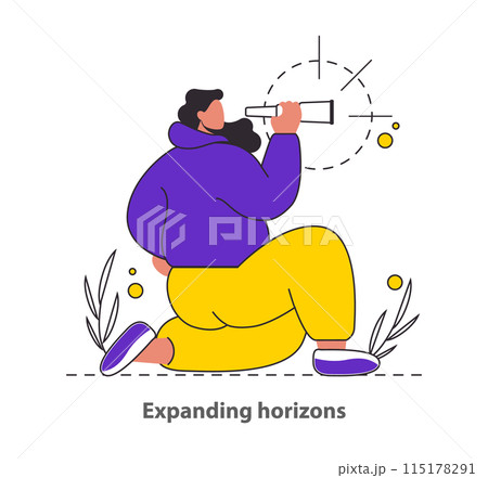 Expanding Horizons concept A character peers through a spyglass, symbolizing the search for new opportunities and vistas An inspiring scene of anticipation and possibility Vector illustration Expanding Horizons concept A character peers through a spyglass, symbolizing the search for new opportunities and vistas An inspiring scene of anticipation and possibility Vector illustration 115178291