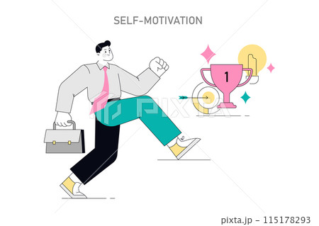 Self-motivation concept. Businessman walking towards success with a trophy and target. Personal growth and achievement in career. Vector illustration. Self-motivation concept. Businessman walking towards success with a trophy and target. Personal growth and achievement in career. Vector illustration. 115178293