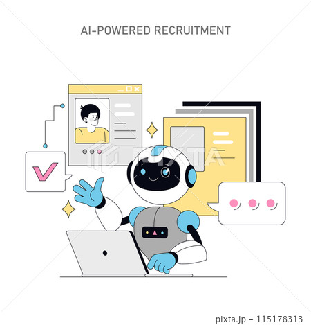 AI-Powered Recruitment concept. Robot analyzing candidate profiles for hiring. Automation in talent acquisition and HR technology. Vector illustration. AI-Powered Recruitment concept. Robot analyzing candidate profiles for hiring. Automation in talent acquisition and HR technology. Vector illustration. 115178313