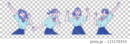 Anime-style female student cheering with fist pump Anime-style female student cheering with fist pump 115178354