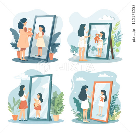 Inner child cartoon vector scene. Woman mirror looking reflection dress girl bear holding toy naivety infantilism mental state character, concepts isolated on white background 115178558