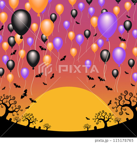 ハロウィンのイラスト素材　背景　空飛ぶ風船と夕陽（1_4） 115178765