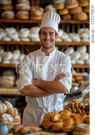 Confident Baker Standing In Front of Display Case Filled With Fresh Bread 115178837