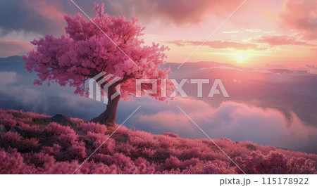 Pink Cherry Blossom Tree on a Mountaintop at Sunset Pink Cherry Blossom Tree on a Mountaintop at Sunset 115178922