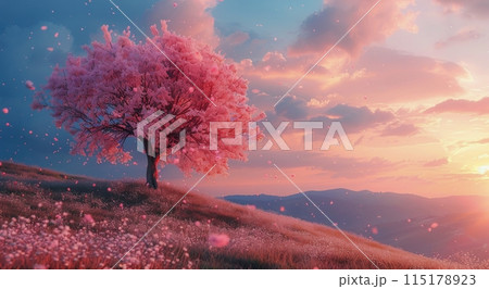 Pink Cherry Blossom Tree on a Mountaintop at Sunset Pink Cherry Blossom Tree on a Mountaintop at Sunset 115178923