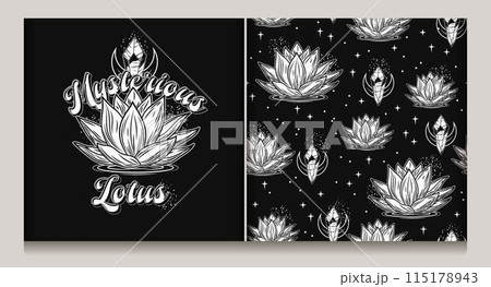 Seamless mysterious pattern, label with lotus flower, magic glowing crystals, crescent moon, scattered stars, sparkles, text. Mystical insight concept for meditation, clear consciousness Vintage style 115178943