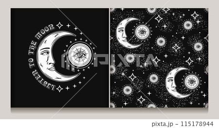 Seamless celestial pattern, label with crescent moon with face, magic fortune ball, shimmering stars on night sky, text. Mysterious magic insight concept. Astrological illustration in vintage style 115178944