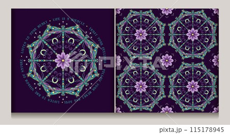 Seamless pattern, label with circular ornament like mandala with chamomile flower in center, fantasy colored dragonfly with curled antennae. Inspirational text. Geometric background Art Nouveau style. Seamless pattern, label with circular ornament like mandala with chamomile flower in center, fantasy colored dragonfly with curled antennae. Inspirational text. Geometric background Art Nouveau style. 115178945