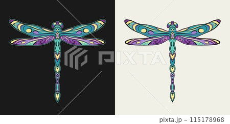 Fantasy colored dragonfly with stretched wings in Art Nouveau style. Single isolated colorful illustration in vintage style. Top view. 115178968