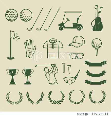 Golf tools. Sport elements set stick balls cap caps and achievements recent vector golf competition collection Golf tools. Sport elements set stick balls cap caps and achievements recent vector golf competition collection 115179011