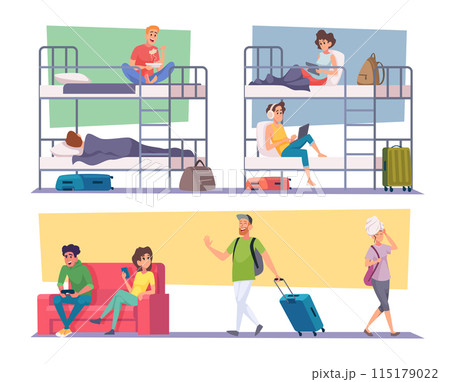 Hostel people. Travelers lifestyle sleeping relax eating in hostel open space rooms exact vector cartoon illustration 115179022