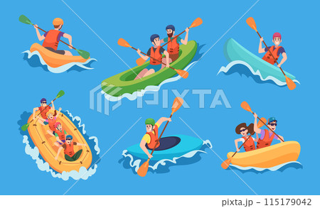 Rafting. Extreme water sport activities for male and female exact vector kayaking and rafting 115179042