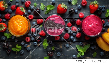 Freshly Blended Smoothies With Assorted Berries and Mint on Dark Wooden Tabletop 115179052