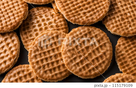 High angle photo of a crispy and delicious Stroopwafel, AI Generated 115179109