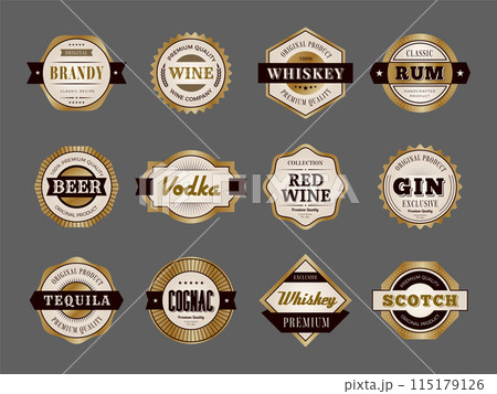 Alcohol badges. Hot premium drinks production decorative labels whiskey rum recent vector templates set Alcohol badges. Hot premium drinks production decorative labels whiskey rum recent vector templates set 115179126