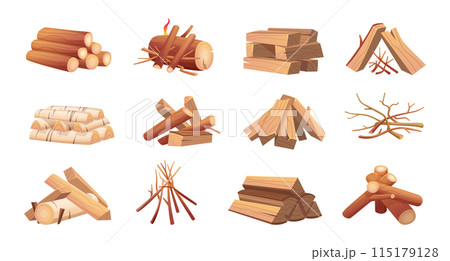 Camp firewood. Stack of pallets for fireplace forest tree timbered exact vector wooden trunks pictures in cartoon style 115179128