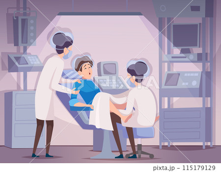 Childbirth. Pregnancy concept background woman in clinic giving birth exact vector cartoon template Childbirth. Pregnancy concept background woman in clinic giving birth exact vector cartoon template 115179129