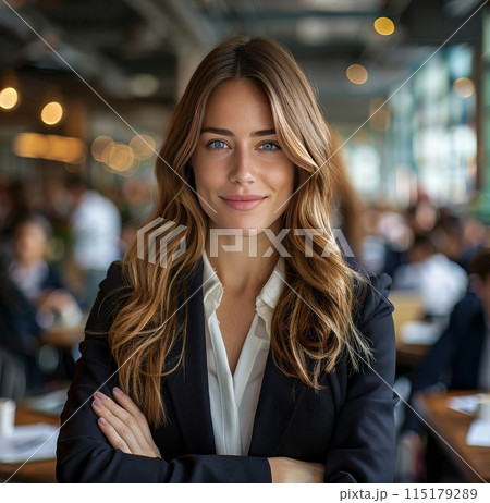 Confident Businesswoman With Arms Crossed in Modern Office Setting Confident Businesswoman With Arms Crossed in Modern Office Setting 115179289
