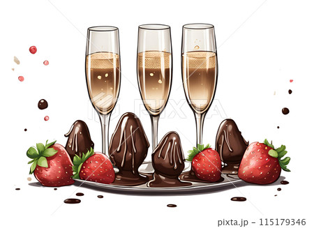 Champagne glasses with Chocolate Covered Strawberries, AI Generated 115179346