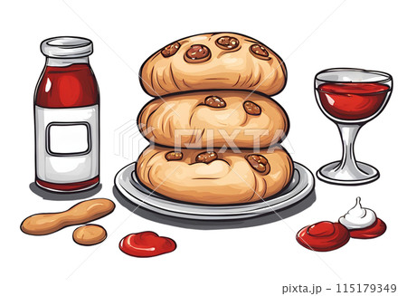 Illustration of delicious cookies or bread with raspberry syrup, AI Generated 115179349