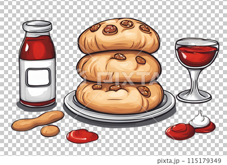 Illustration of delicious cookies or bread with raspberry syrup, AI Generated 115179349