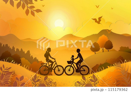 Family cycling on a scenic path, vector paper cut style, summer day with golden sunlight Family cycling on a scenic path, vector paper cut style, summer day with golden sunlight 115179362