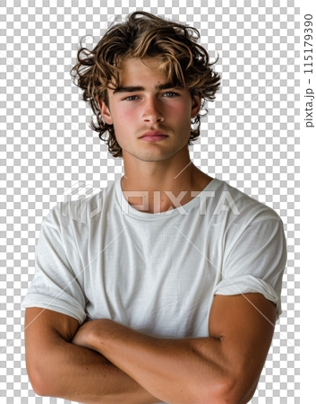 Young Man With Brown Hair Wearing White Button-Down Shirt Young Man With Brown Hair Wearing White Button-Down Shirt 115179390