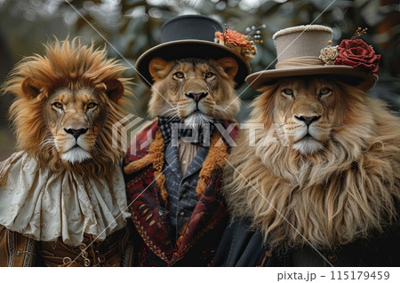 Lion dressed in victorian era clothing illustration Lion dressed in victorian era clothing illustration 115179459