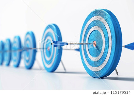 A blue targets with arrows striking the bullseye of the first one, emphasizing precise business achievement 115179534
