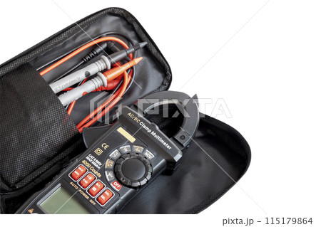 Black Digital clamp meter on white background. Black Digital clamp meter on white background. 115179864