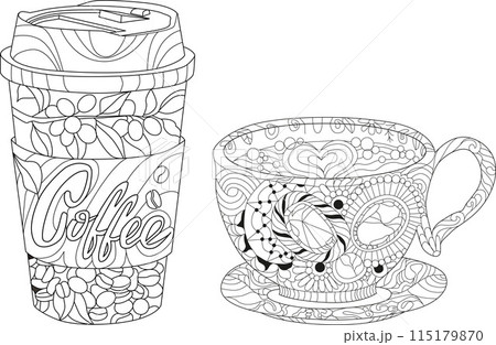 Cup of coffee beverage with abstract ornaments for coloring. 115179870