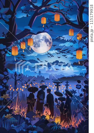 Obon festival vector paper cut art depicting families in kimonos gathering around graves, with floating lanterns in the background 115179918