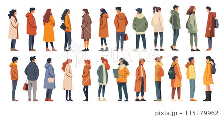 Street wear characters cartoon vector set. Men women jackets coats bags backpacks casual clothes different angles back front view full height standing people , illustrations isolated on white 115179962