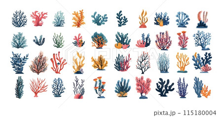 Sea plants cartoon vector set. Corals algae anemones oceanic aquarium reef underwater flora, illustration isolated on white background 115180004