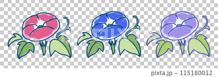 Pink, blue, and light purple morning glories: A simple, roughly painted illustration set 115180012