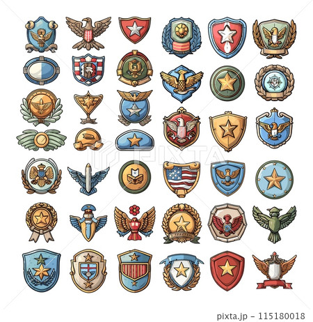 Military badges cartoon vector set. Awards stars wings shields achievement courage affiliation navy battalion special forces troops army insignias, illustration isolated on white background 115180018