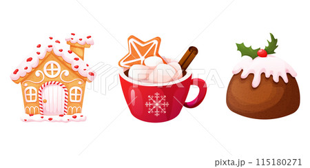 Set Traditional Pudding, Christmas cake, gingerbread house and cup with hot chocolate,winter dessert, pastry with cream, icing and decoration, textured and detailed isolated on white background. 115180271