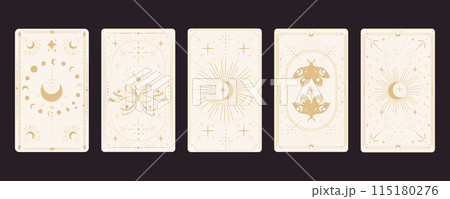 Tarot reverce border magic sacred cover card frame gold line border celelstial mystery esoteric decoration with moth stars and moon on dark background. 115180276