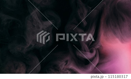 Night mist. Paint water mix. Defocused purple pink color glitter particles texture smoke cloud floating on dark black abstract art background. 115180317
