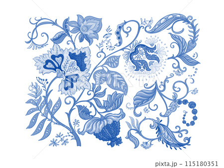 Fantasy flowers in retro, vintage, jacobean embroidery style 115180351